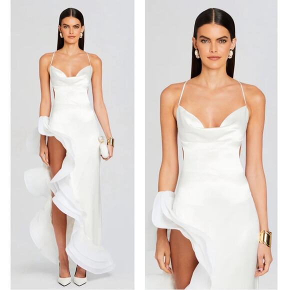 Retrofete Kaitlin Ruffle High Low Cutout White Maxi Dress Size Small - Picture 2 of 14